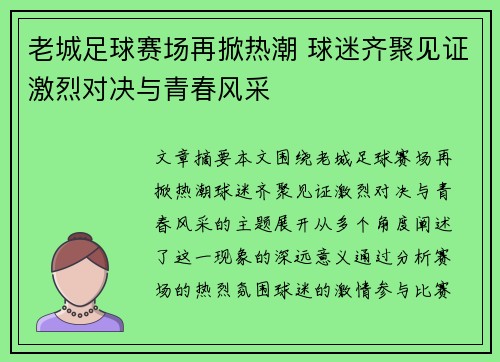 老城足球赛场再掀热潮 球迷齐聚见证激烈对决与青春风采