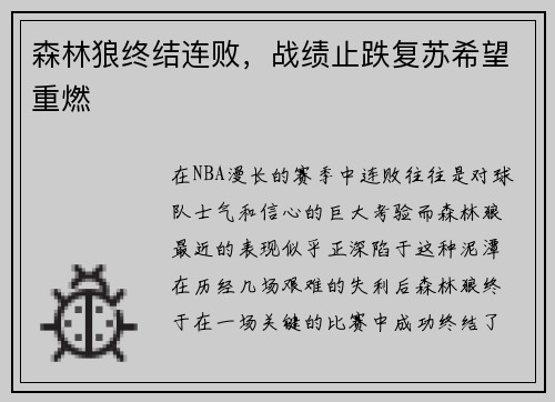森林狼终结连败，战绩止跌复苏希望重燃