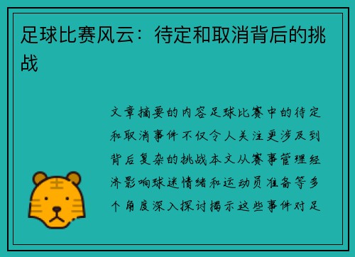 足球比赛风云：待定和取消背后的挑战