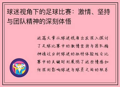 球迷视角下的足球比赛：激情、坚持与团队精神的深刻体悟