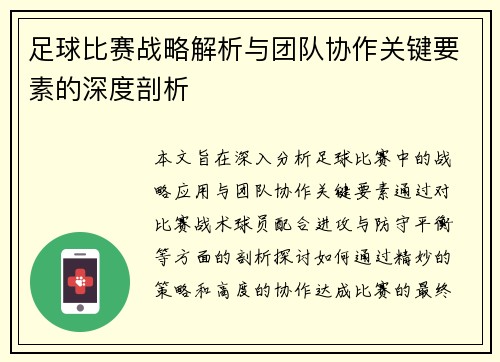 足球比赛战略解析与团队协作关键要素的深度剖析