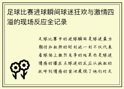 足球比赛进球瞬间球迷狂欢与激情四溢的现场反应全记录