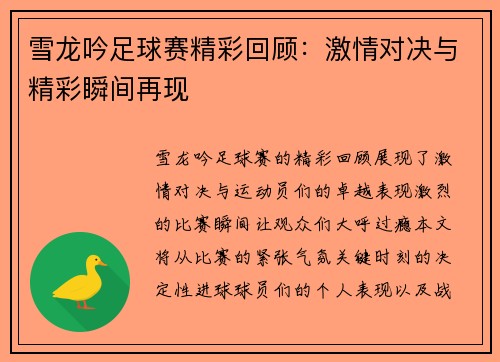 雪龙吟足球赛精彩回顾：激情对决与精彩瞬间再现